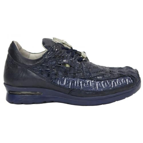 Fennix "3449" Navy All Over Genuine Hornback Crocodile Sneakers With Eyes And Teeth.